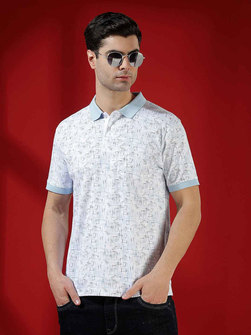 Blue Printed Polo Neck 100% Cotton T-Shirt