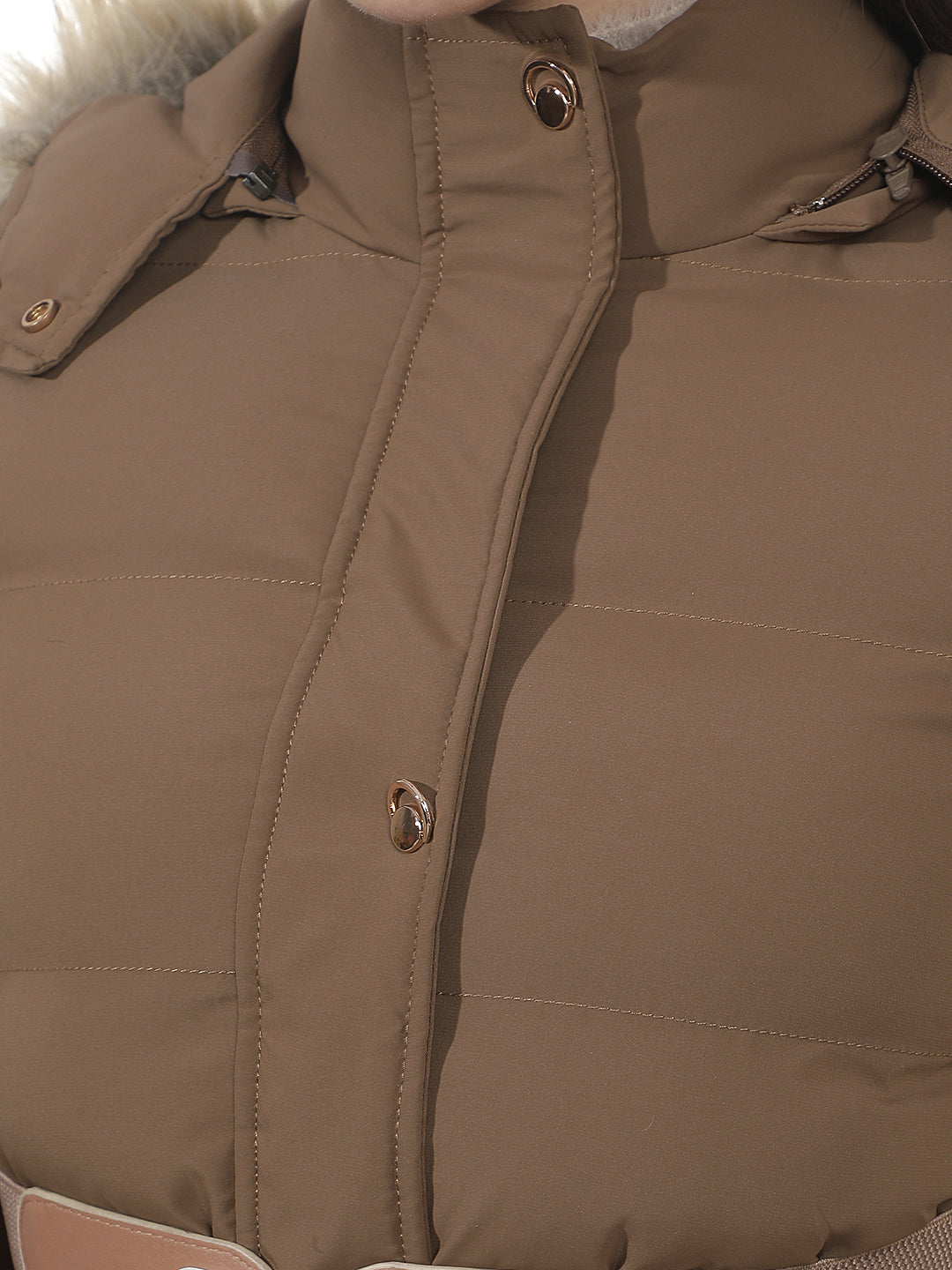 Brown Hooded Puffer Jacket With Belt