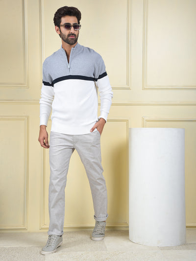 Grey Color-Block 100% Cotton Knitted Sweater