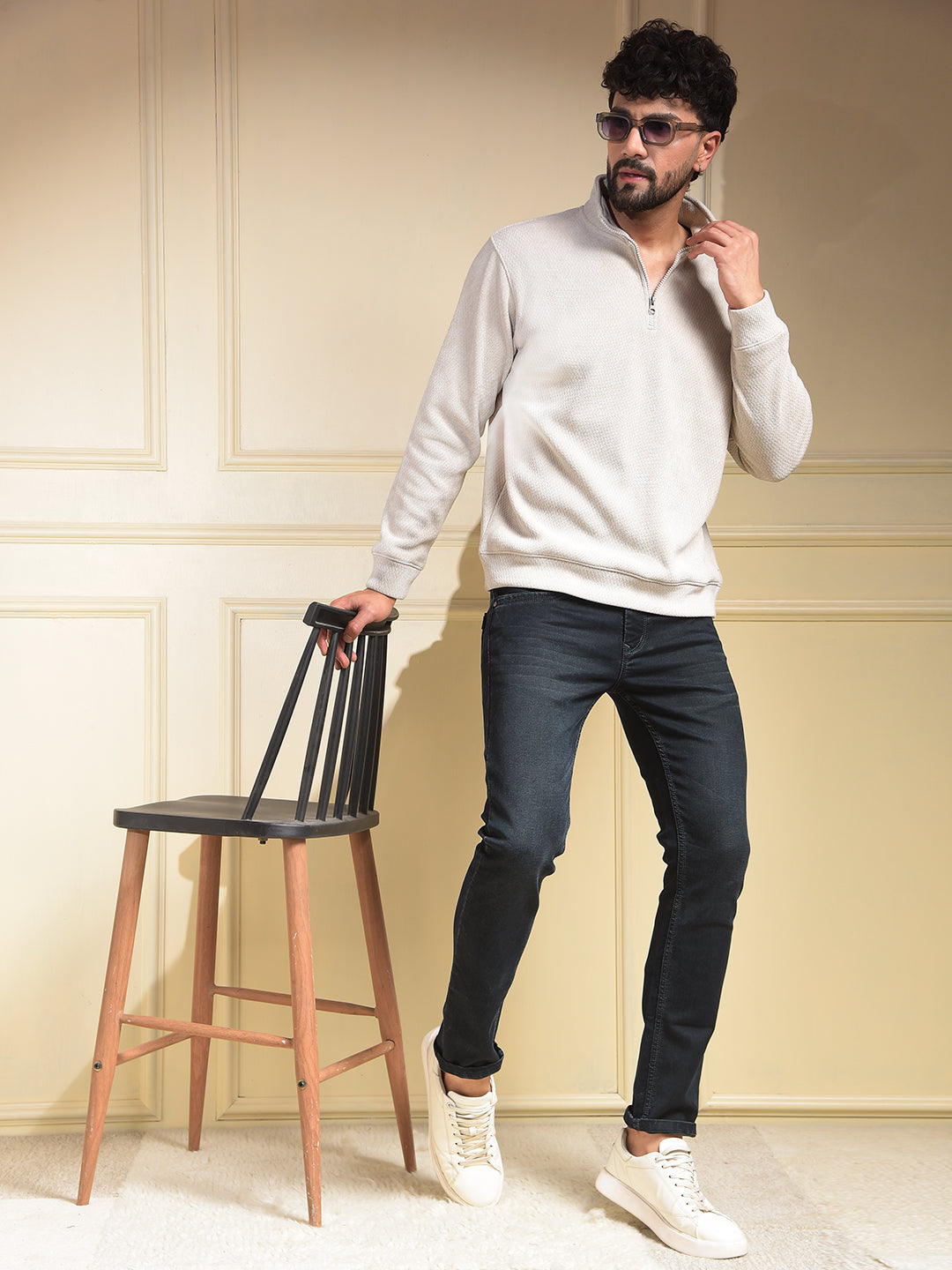 Beige Jacquard Half-Zip High-Neck Sweatshirt