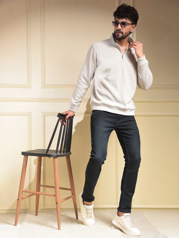 Beige Jacquard Half-Zip High-Neck Sweatshirt