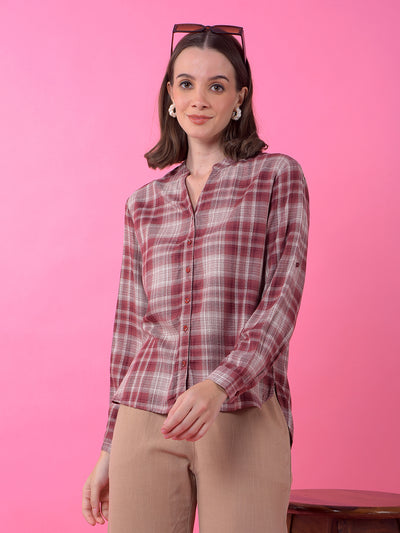 Brown Checked V-Neck Shirt