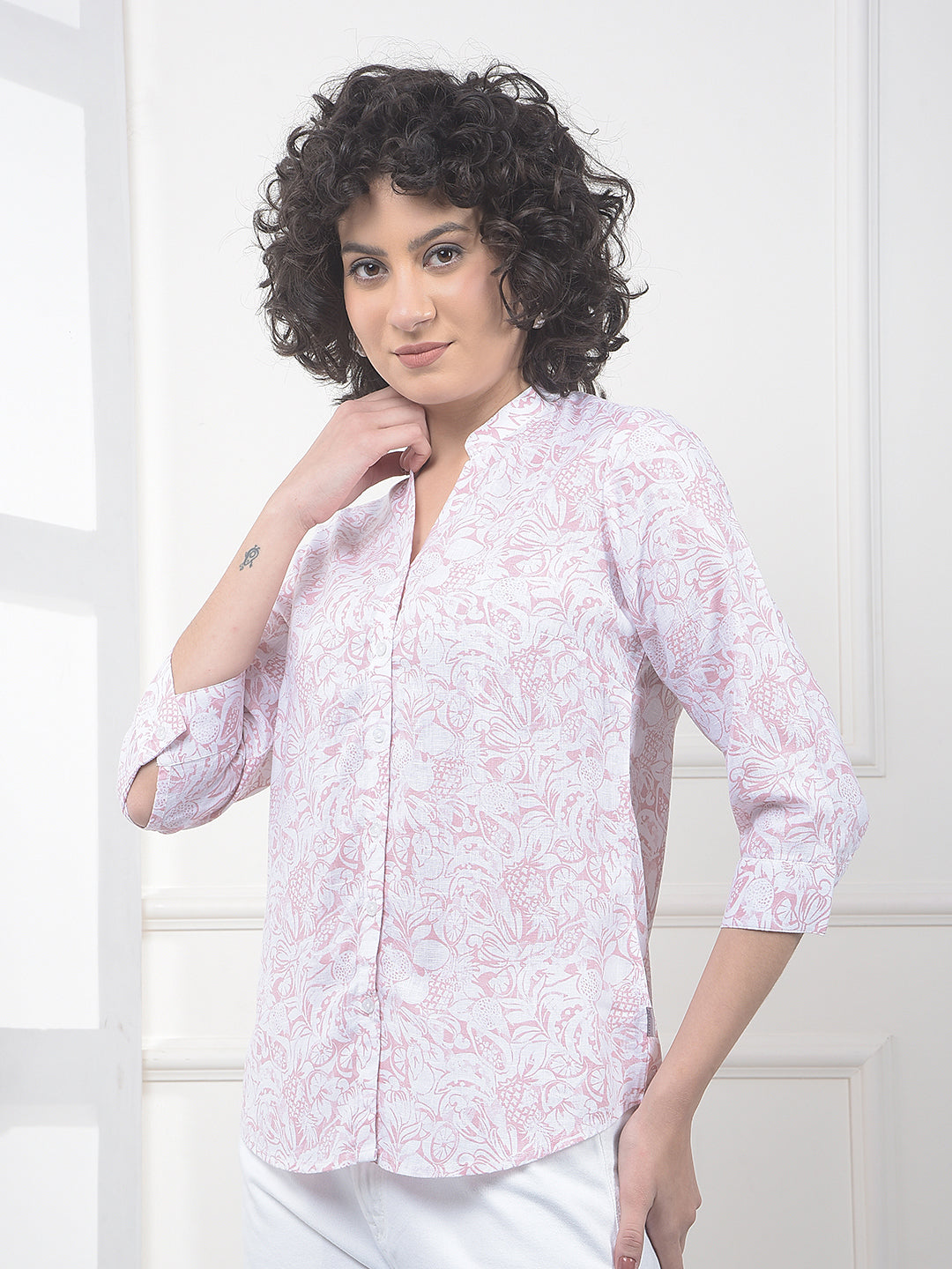 Pink Floral Print Linen Shirt