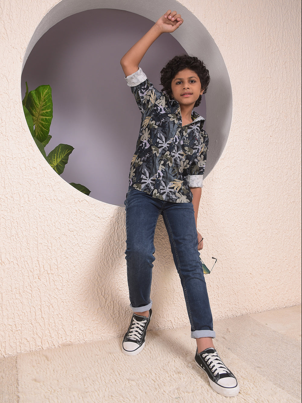 Beige Floral Print 100% Cotton Corduory Shirt