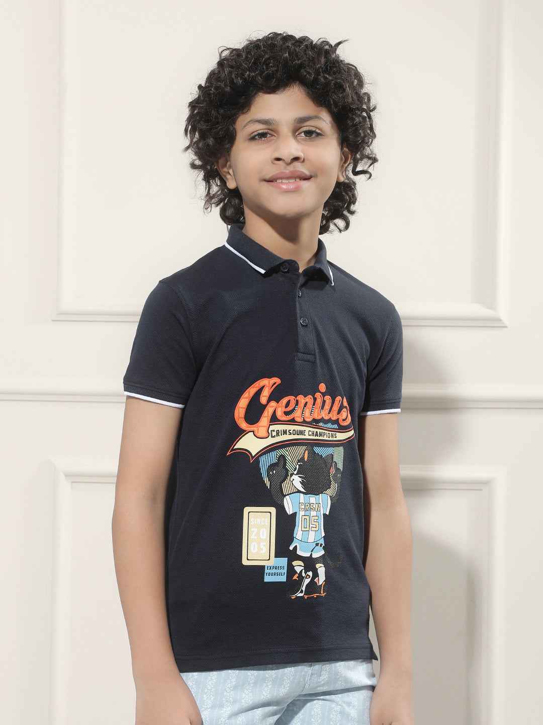 Navy Blue Graphic Print Polo Neck T-Shirt