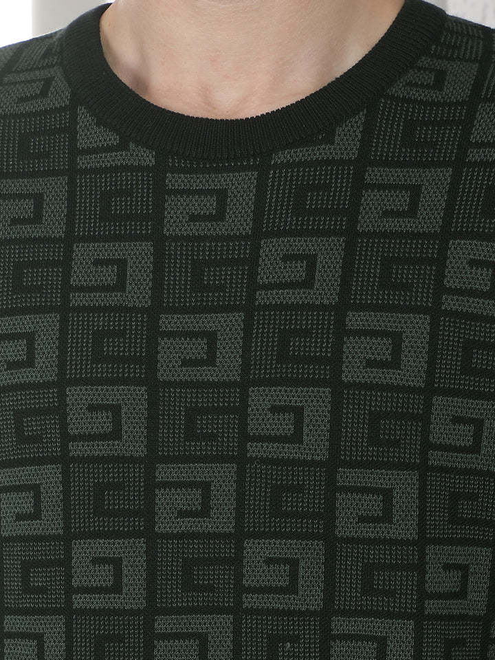 Green 100% Cotton Jacquard Round Neck Sweater