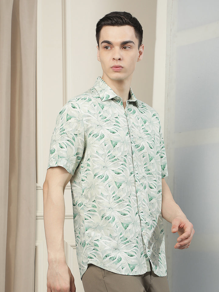 Green Floral Print Linen Shirt