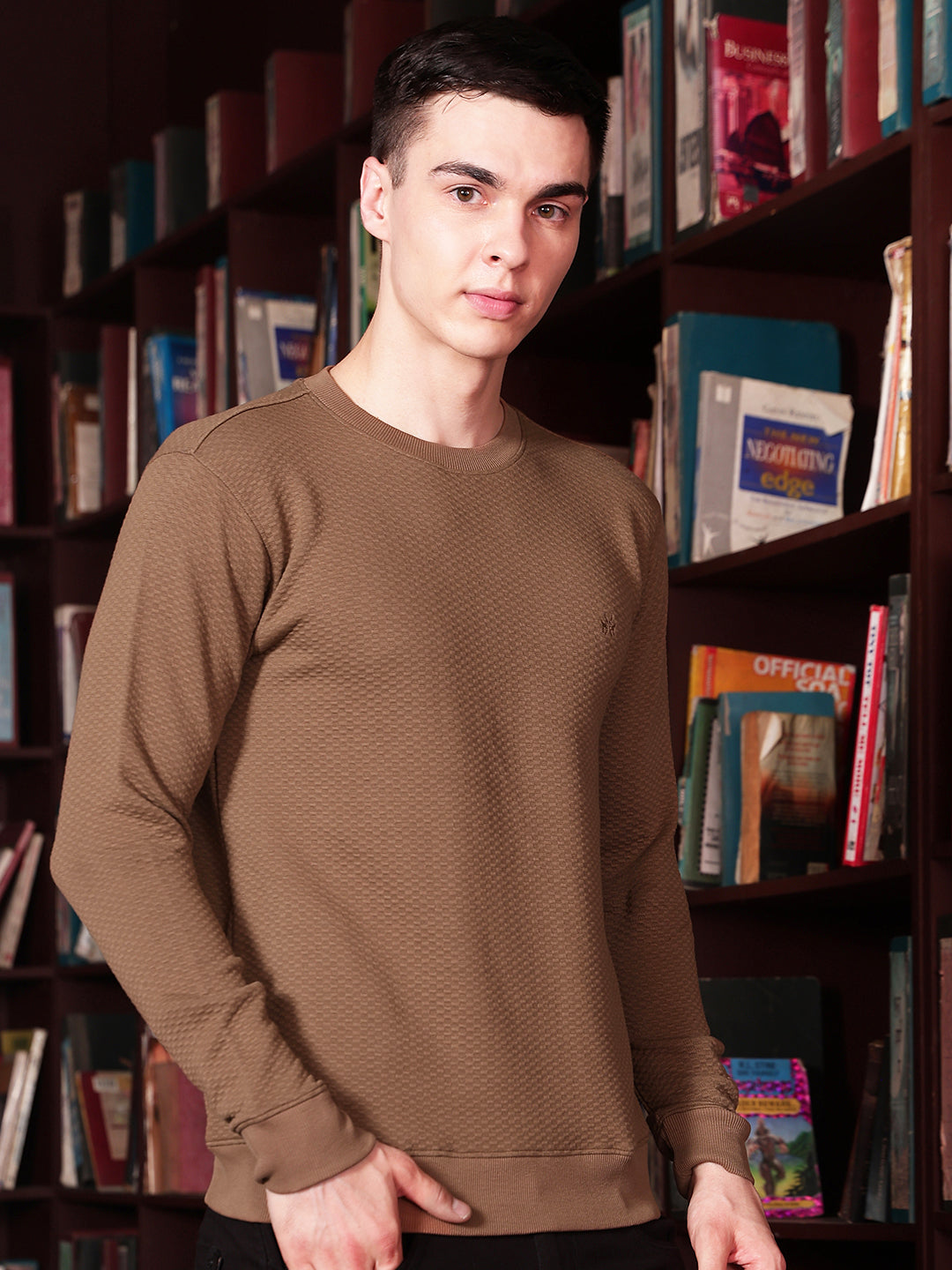 Minimalist Warm Brown Jacquard Sweatshirt
