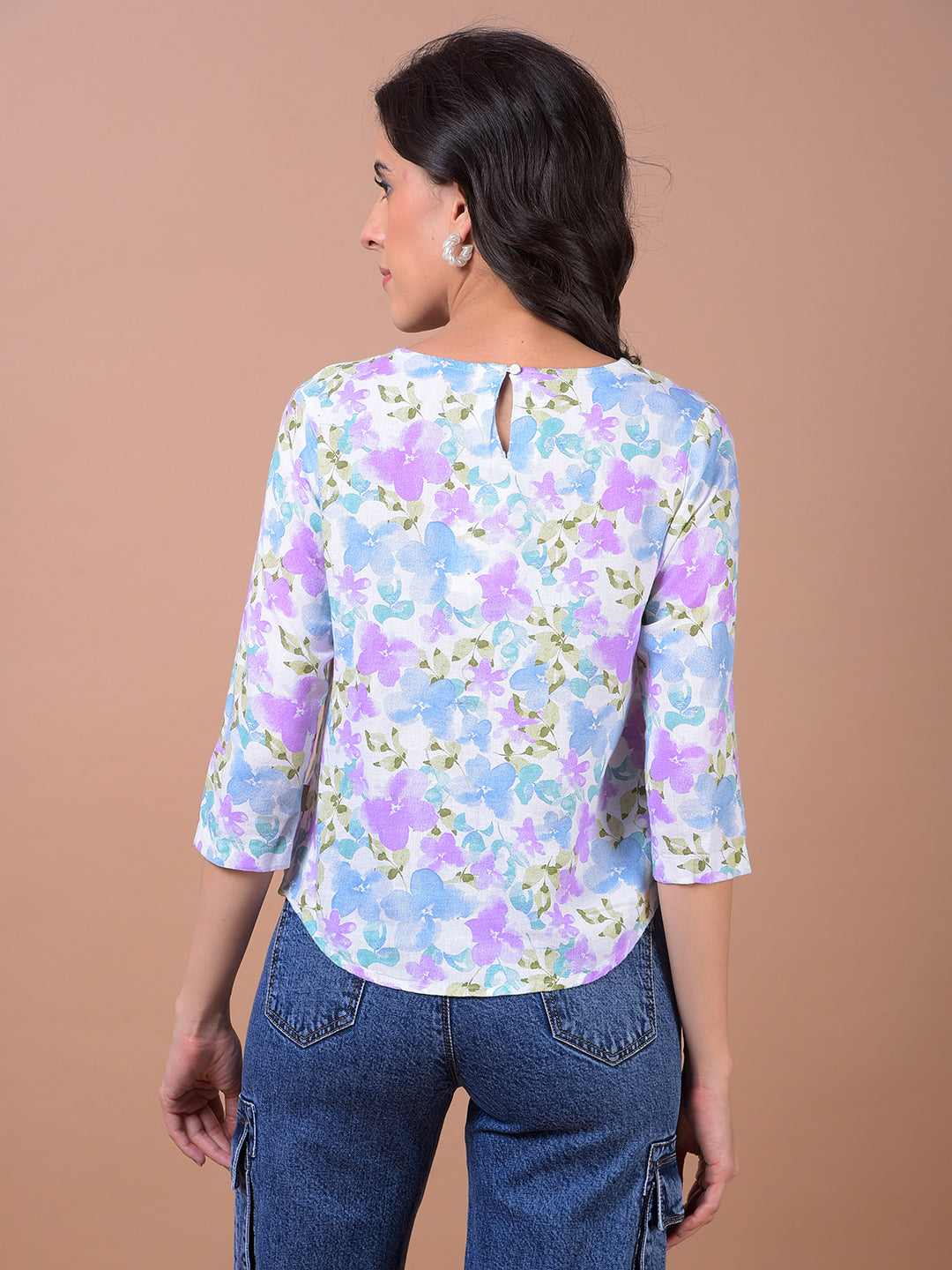 Multi-Color Floral Print Linen Top