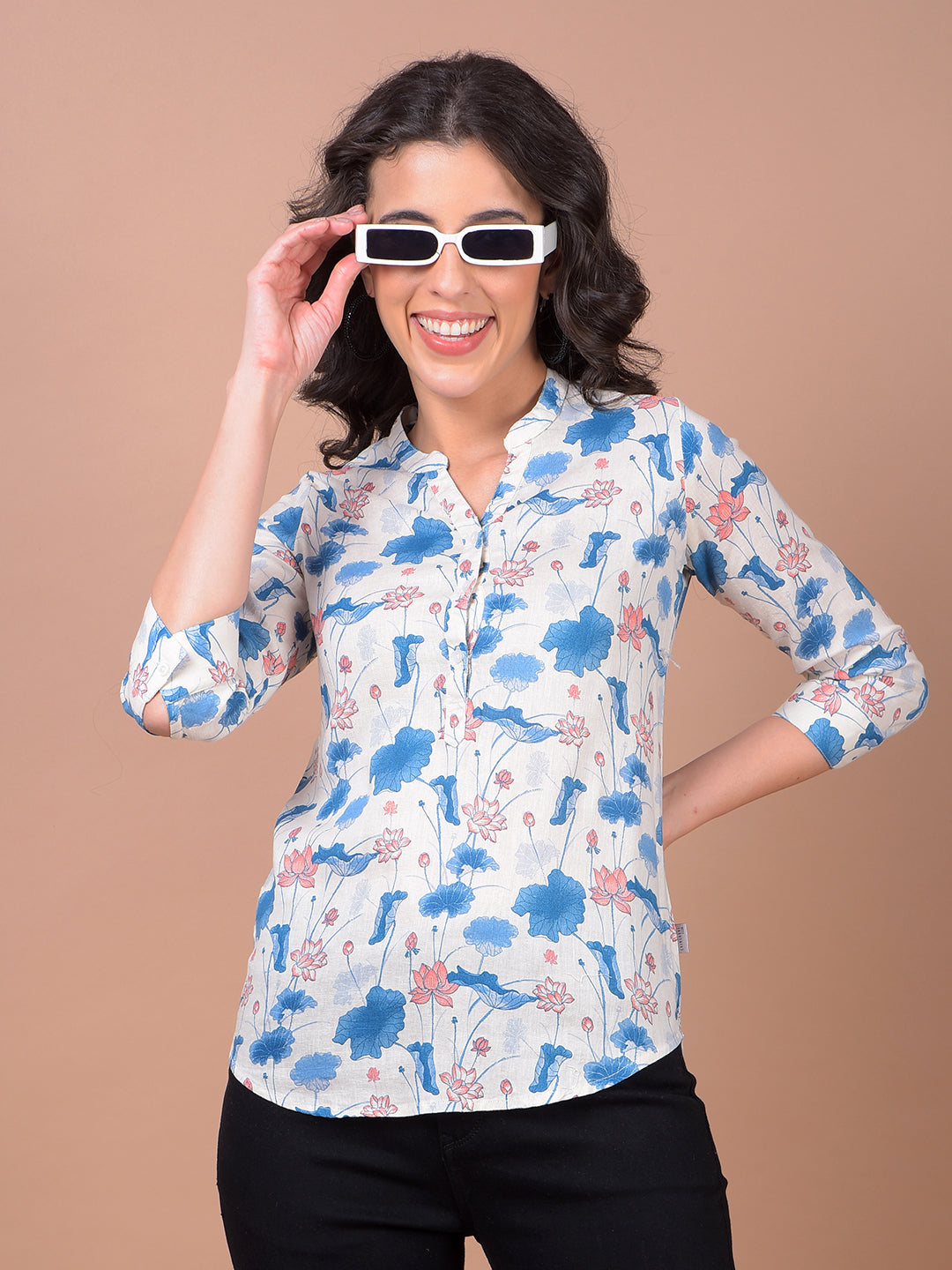 Blue Floral Print V-Neck Linen Top