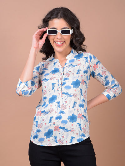 Blue Floral Print V-Neck Linen Top