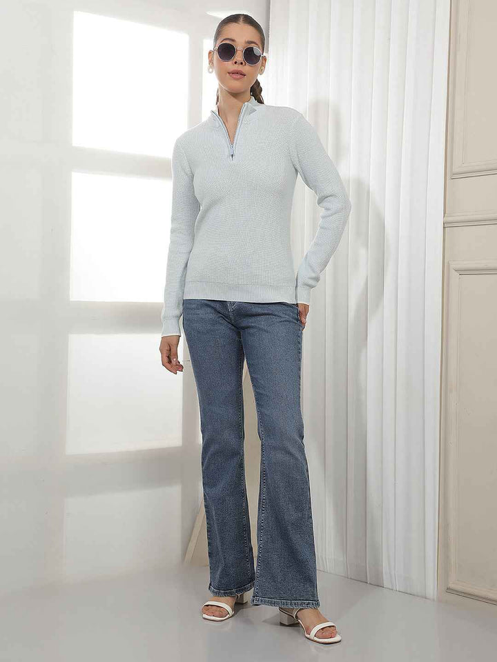 Blue Jacquard High Neck 100% Cotton Sweater