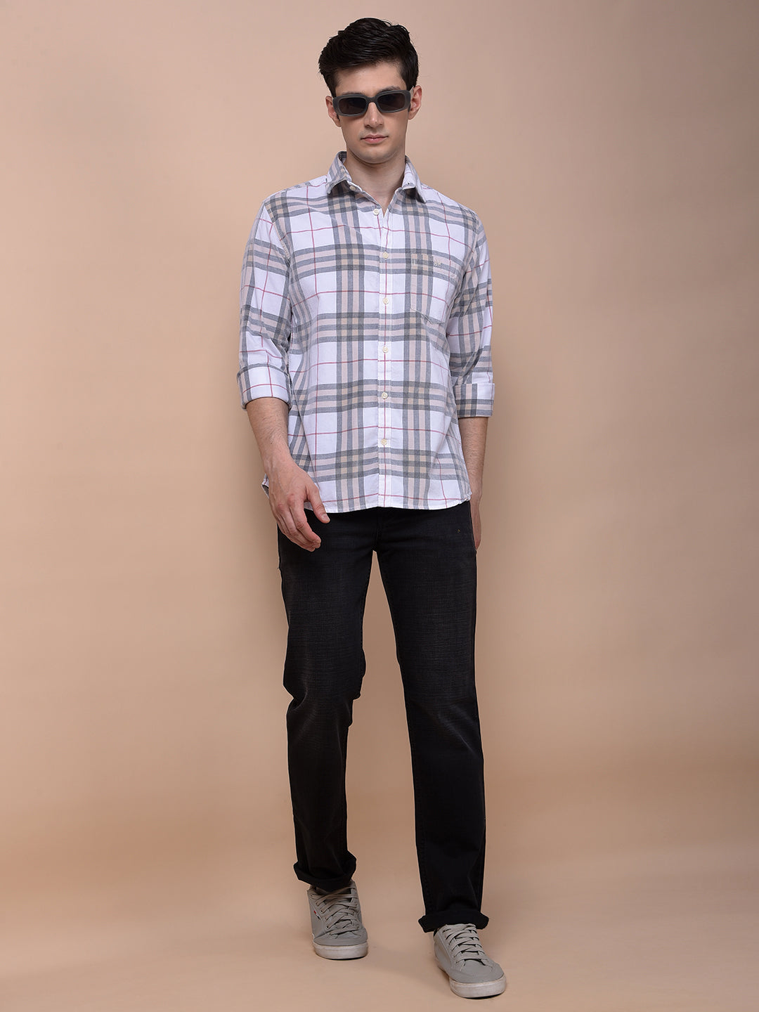 White Checked 100% Cotton Corduroy Shirt
