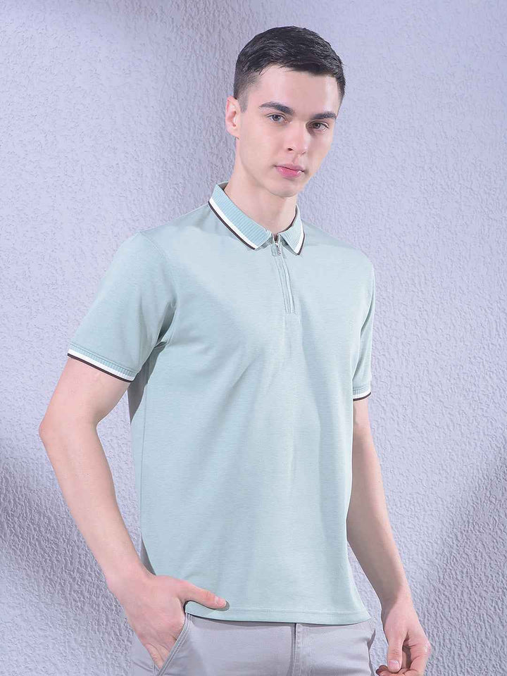 Green Polo Neck T-Shirt with Zip Closure
