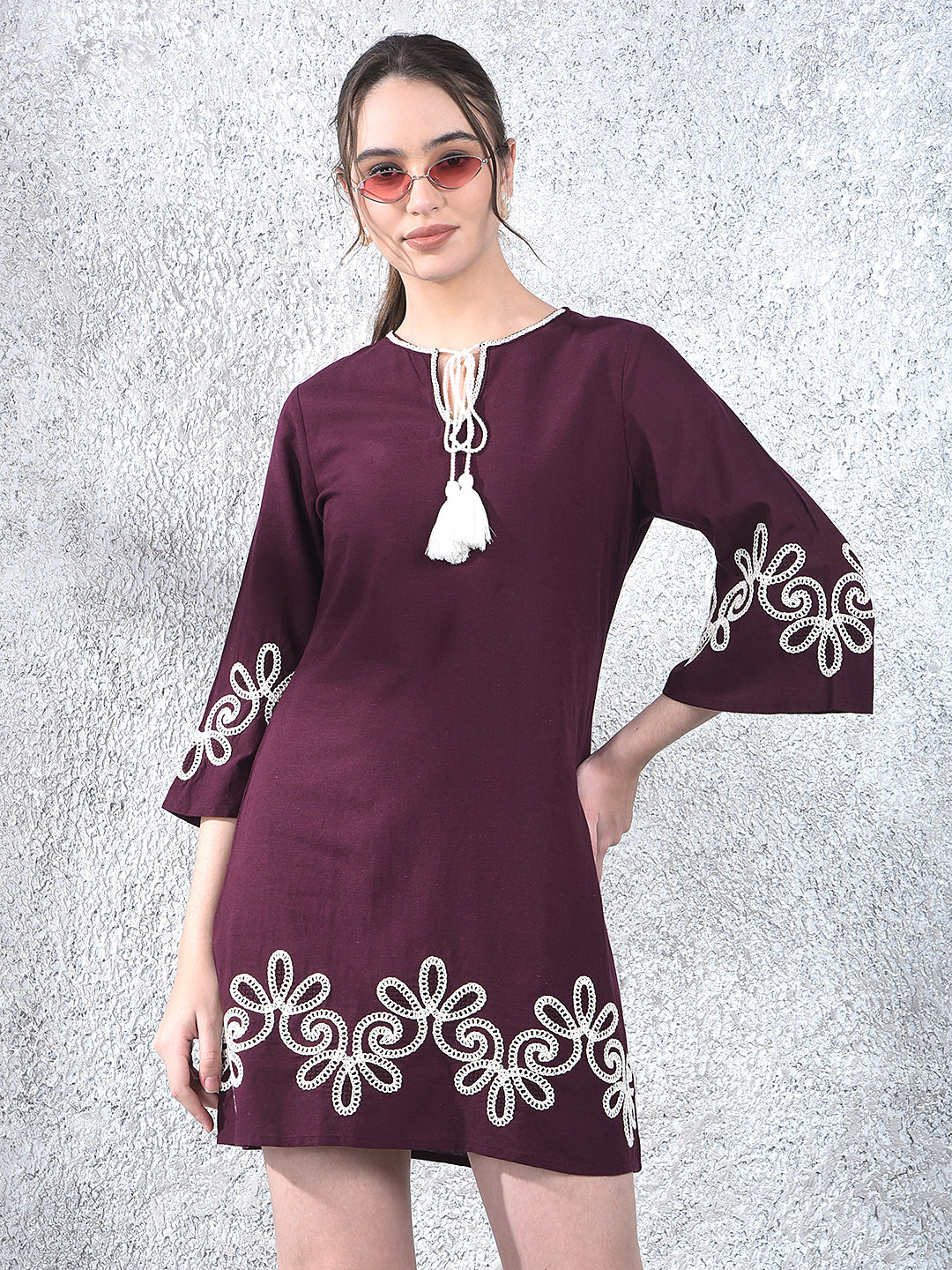 Wine Embroidered Mini Dress