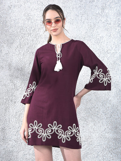 Wine Embroidered Mini Dress