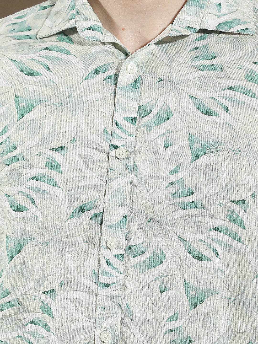 Green Floral Print Linen Shirt