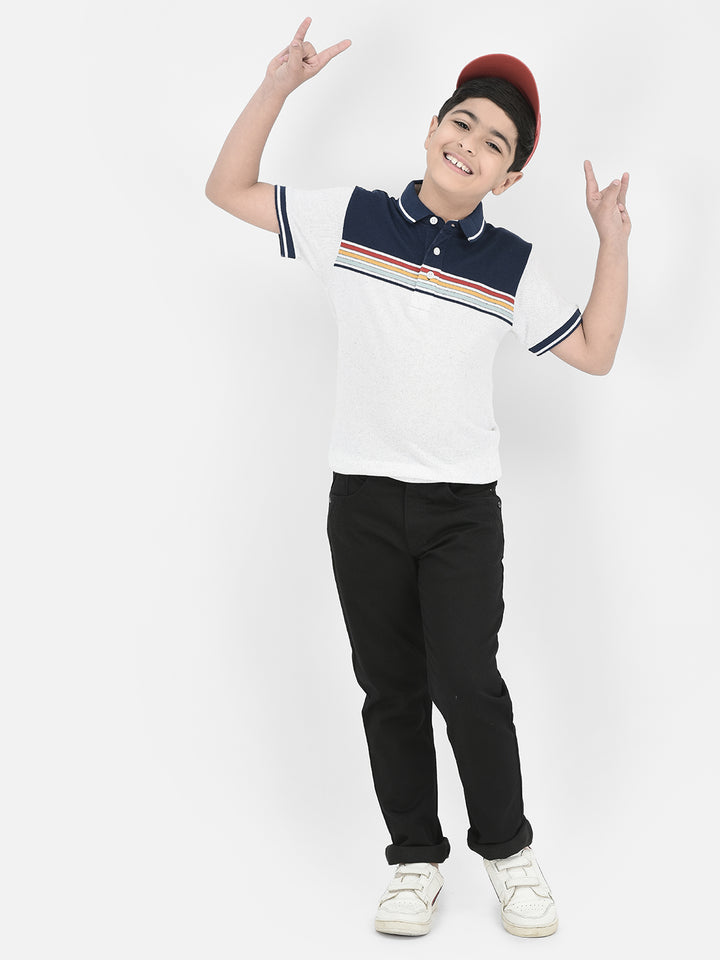 Grey Horizontal Stripes Polo Neck T-Shirt