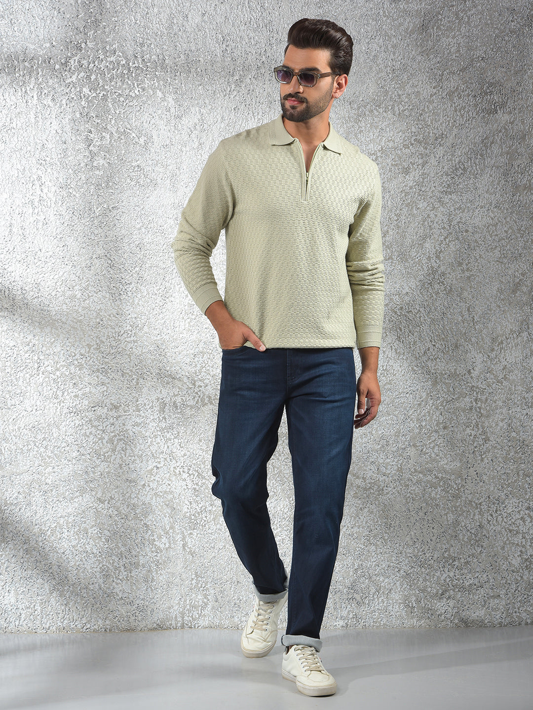Stretch Fabric Green Jacquard Sweater
