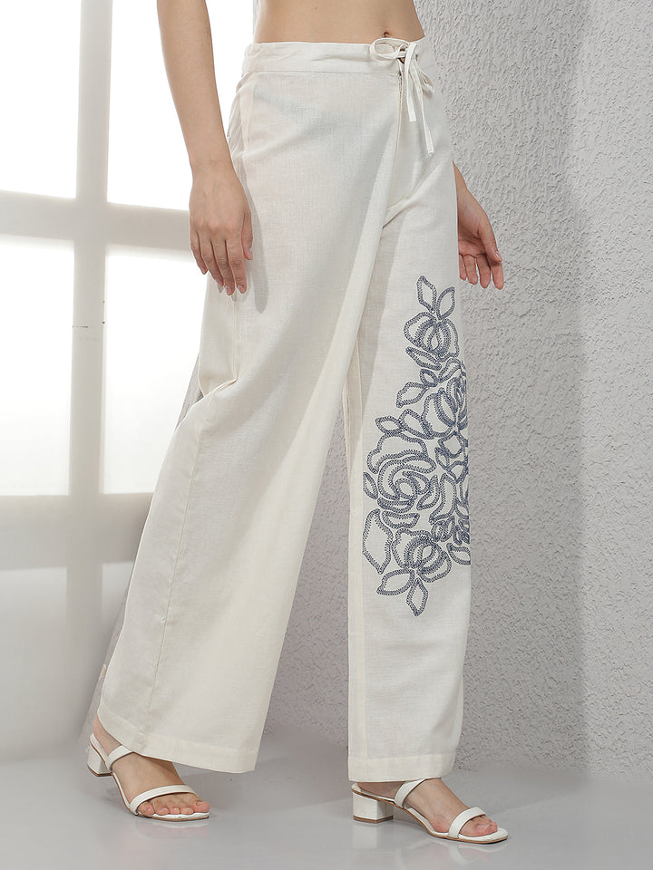 Off White Embroidered Casual Trousers