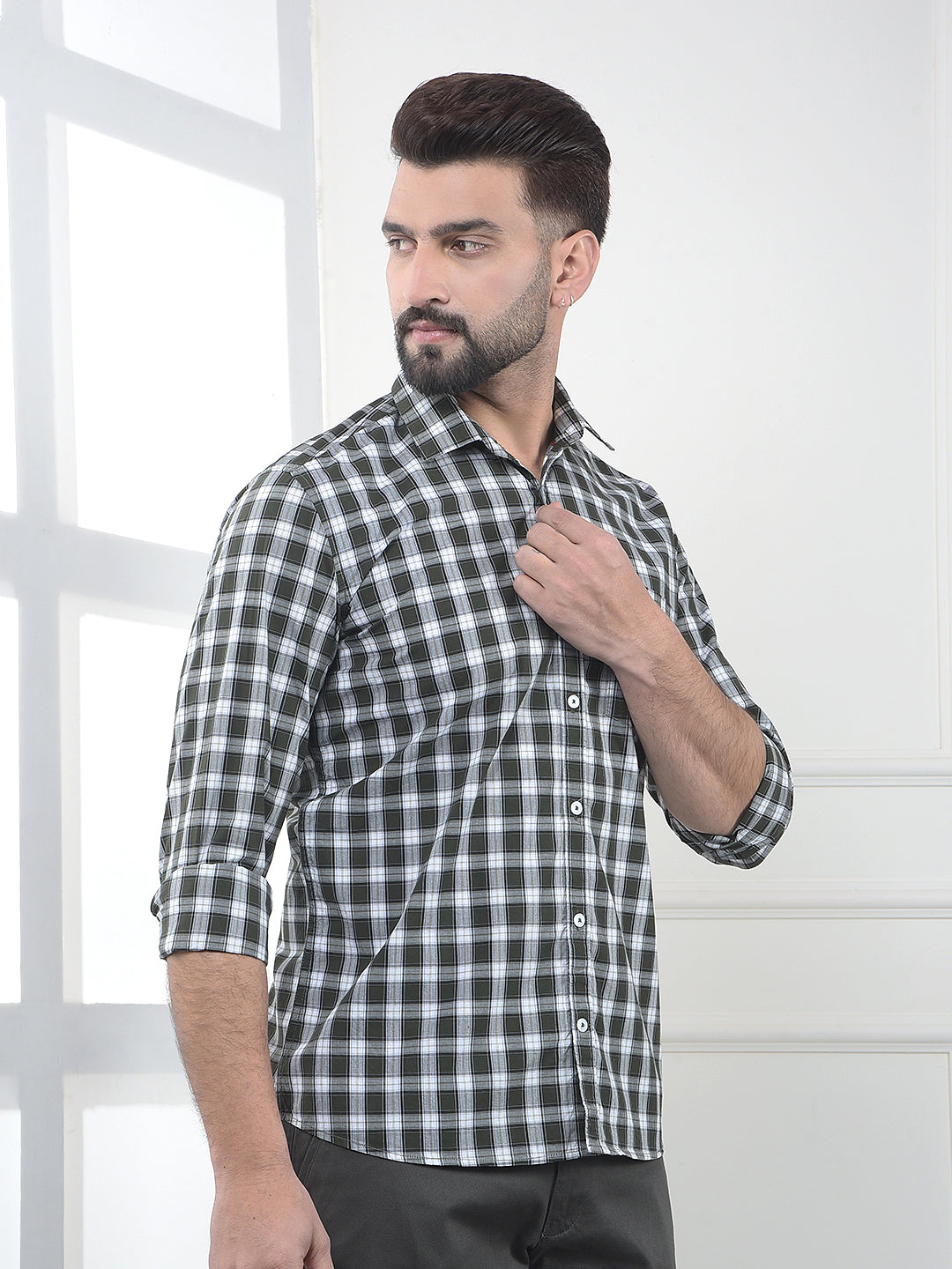 Olive Checked 100% Cotton Shirt