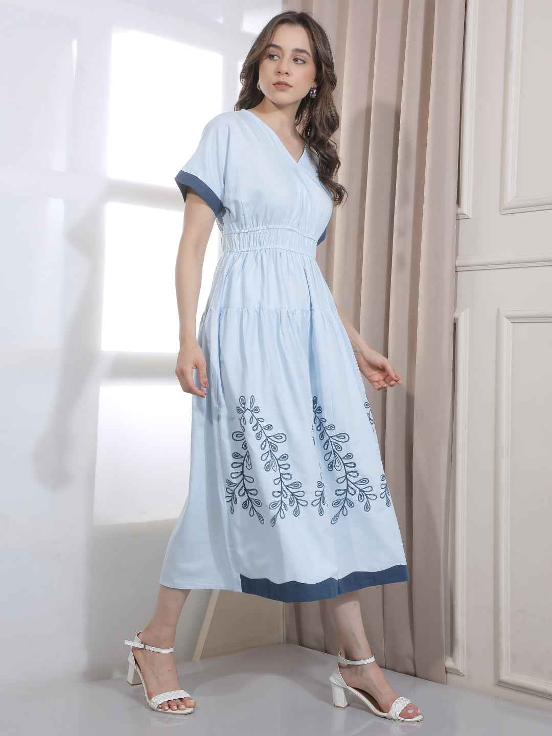 Blue Embroidered V-Neck A-Line Midi  Dress