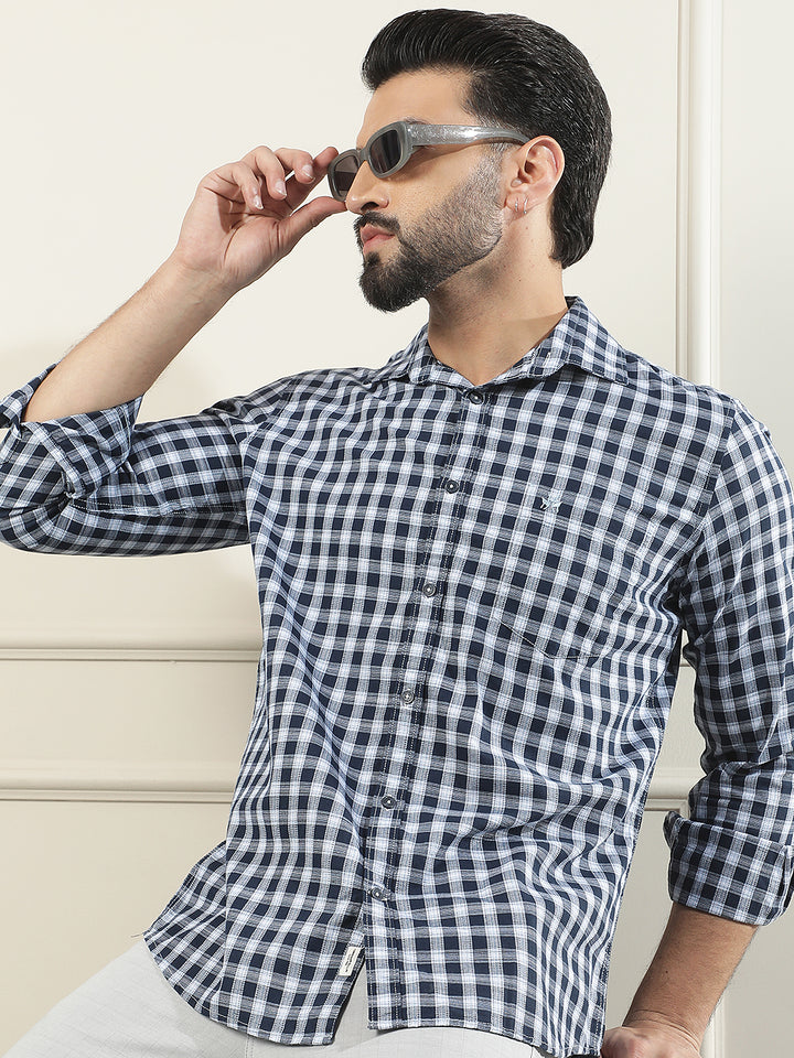 Navy Blue Checked 100% Cotton Shirt