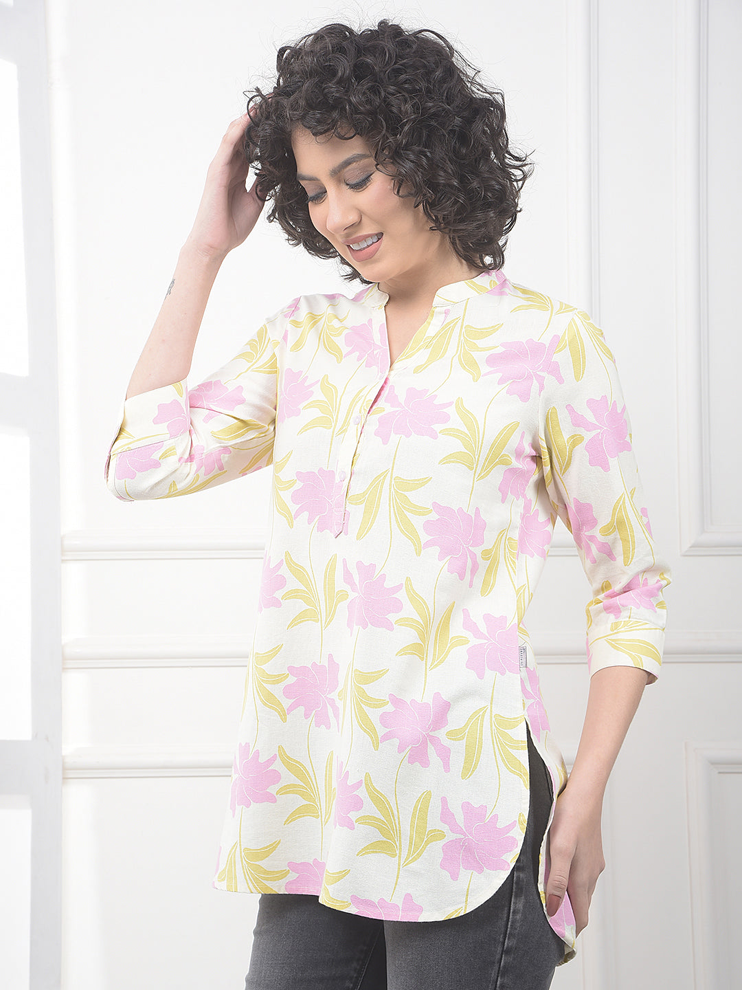 Pink Floral Print V-Neck Linen Top