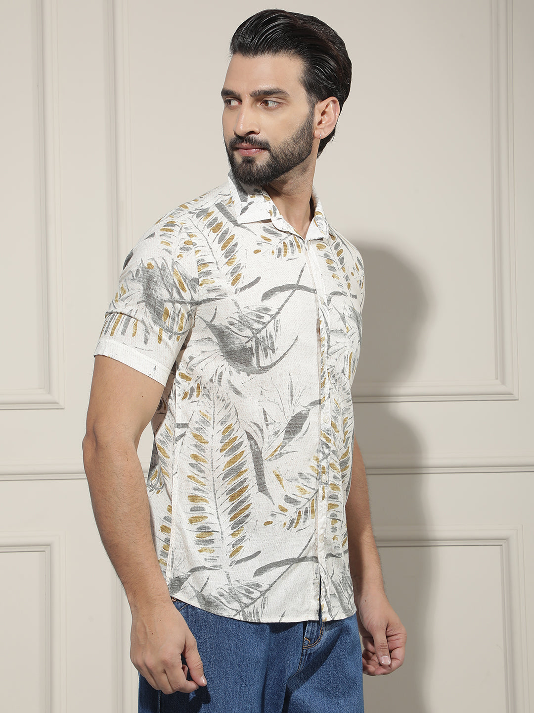 Grey Floral Print Linen Shirt