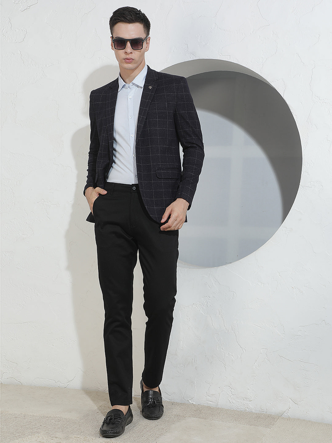 Navy Blue Checked Notched Lapel Blazer
