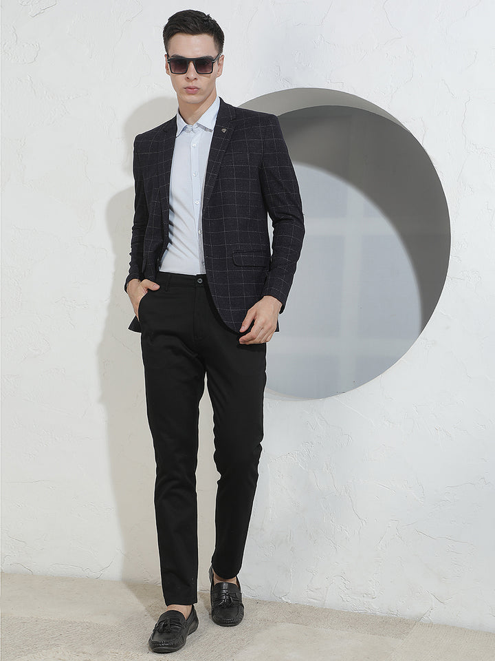 Navy Blue Checked Notched Lapel Blazer