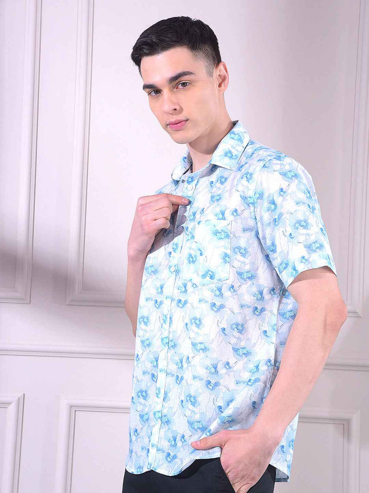 Blue Linen Floral Print Shirt
