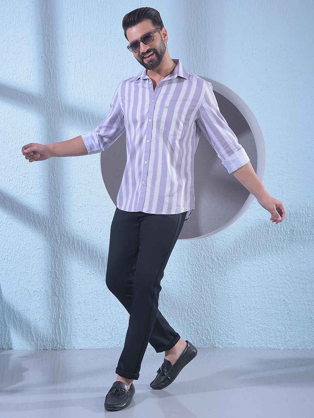 Purple 100% Cotton Vertical Stripes Shirt