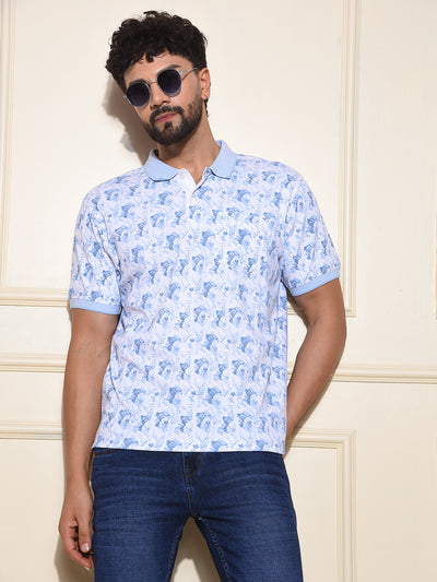 Blue Printed Polo Neck 100% Cotton T-Shirt