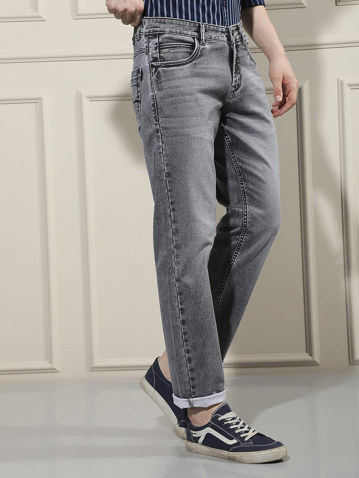 Grey Cotton Straight Jeans
