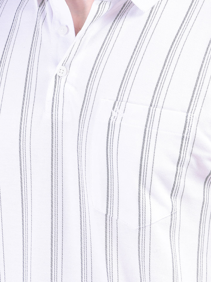 White Vertical Stripes Polo Neck T-Shirt-Men T-Shirts-Crimsoune Club