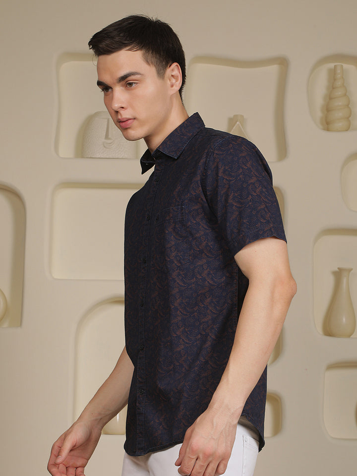 Navy Blue Floral Print 100% Cotton Shirt