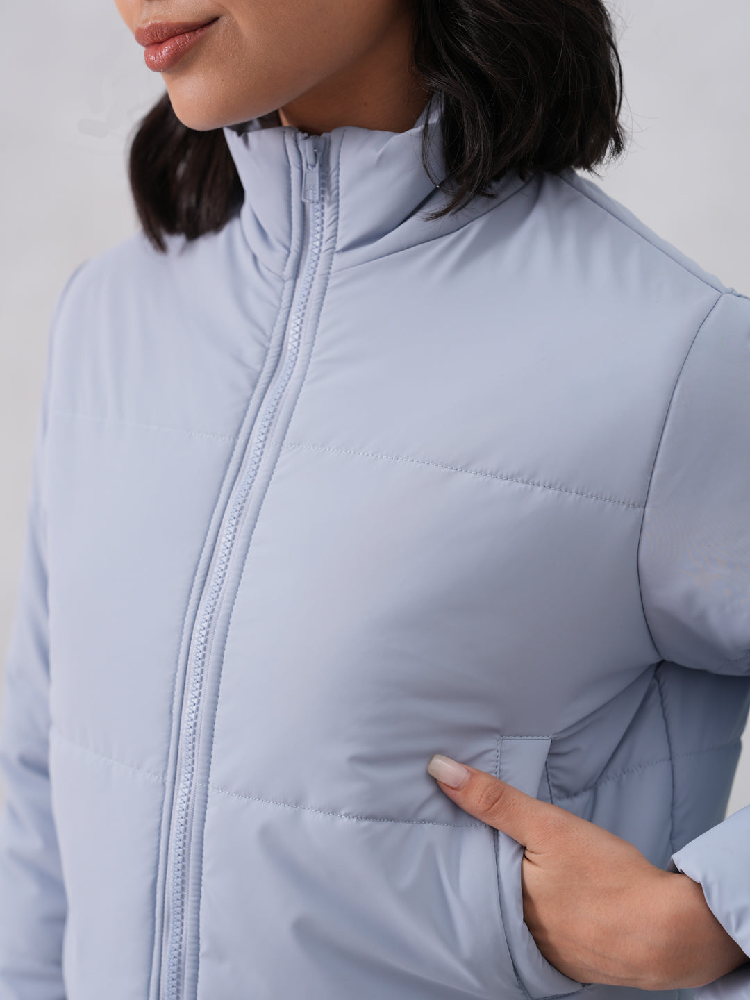 Blue Cropped High-Neck Puffer Jacket