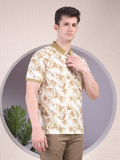 Green Floral Print Polo-Neck T-Shirt