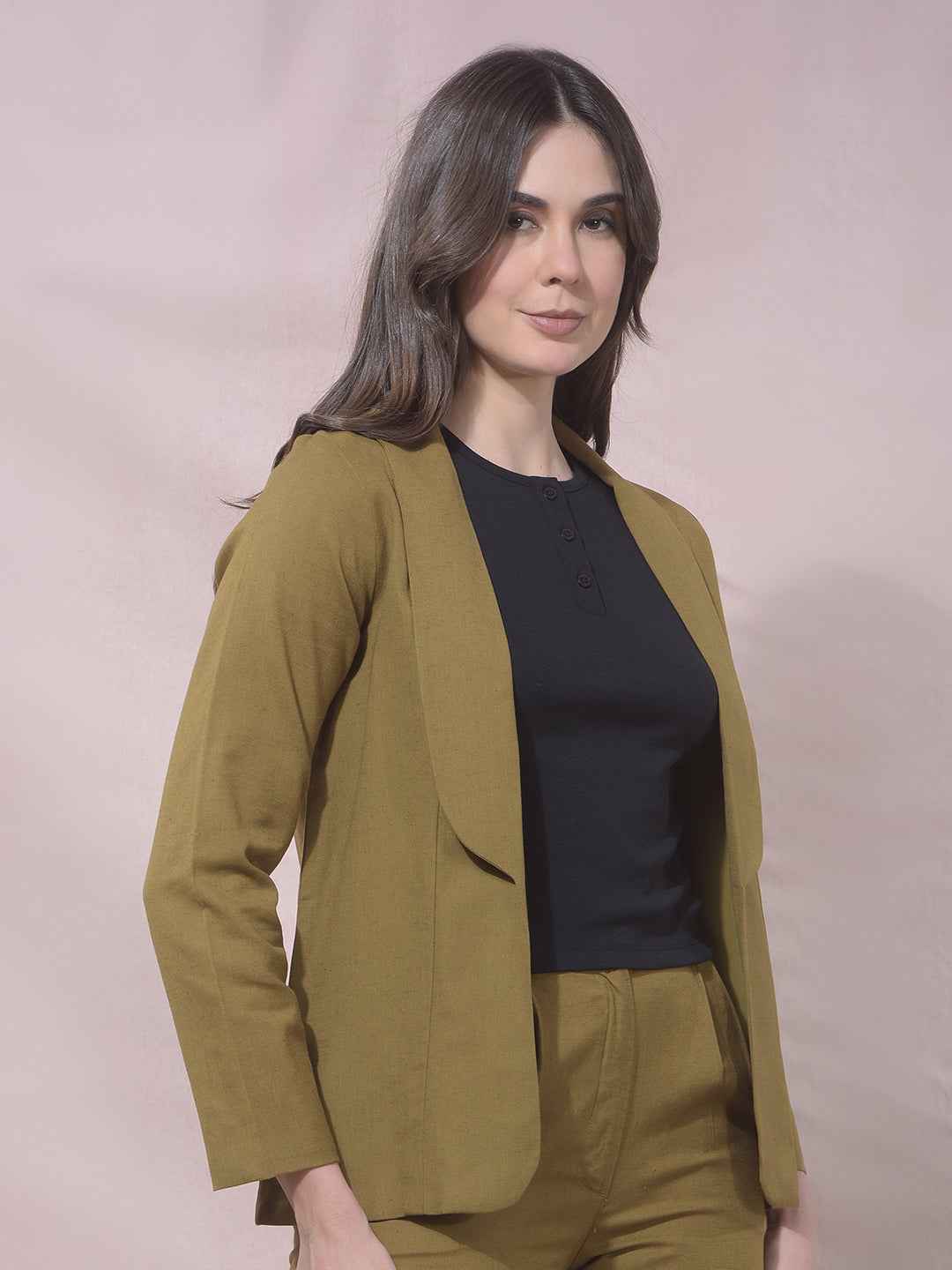 Olive Notched Lapel Open Front Blazer
