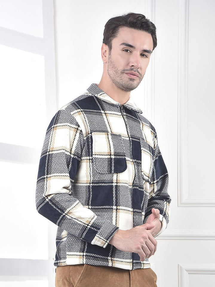 Navy Blue Checked Zip-Up Shacket