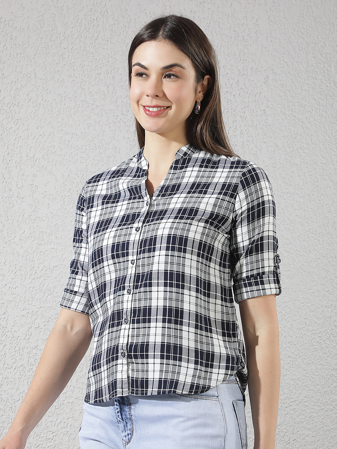 Navy Blue Checked V-Neck Shirt