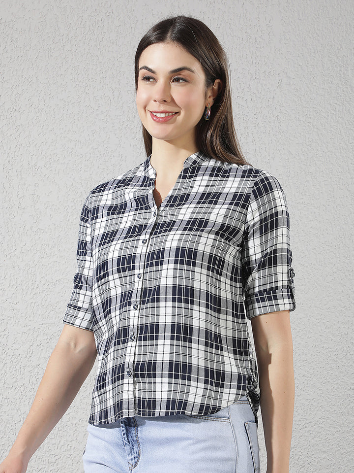 Navy Blue Checked V-Neck Shirt