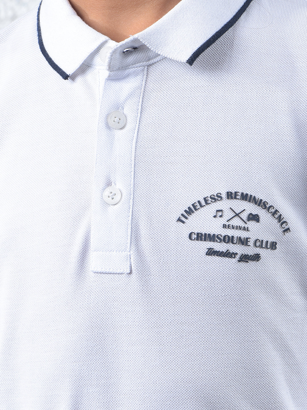 Static Grid White Polo Neck T-Shirt