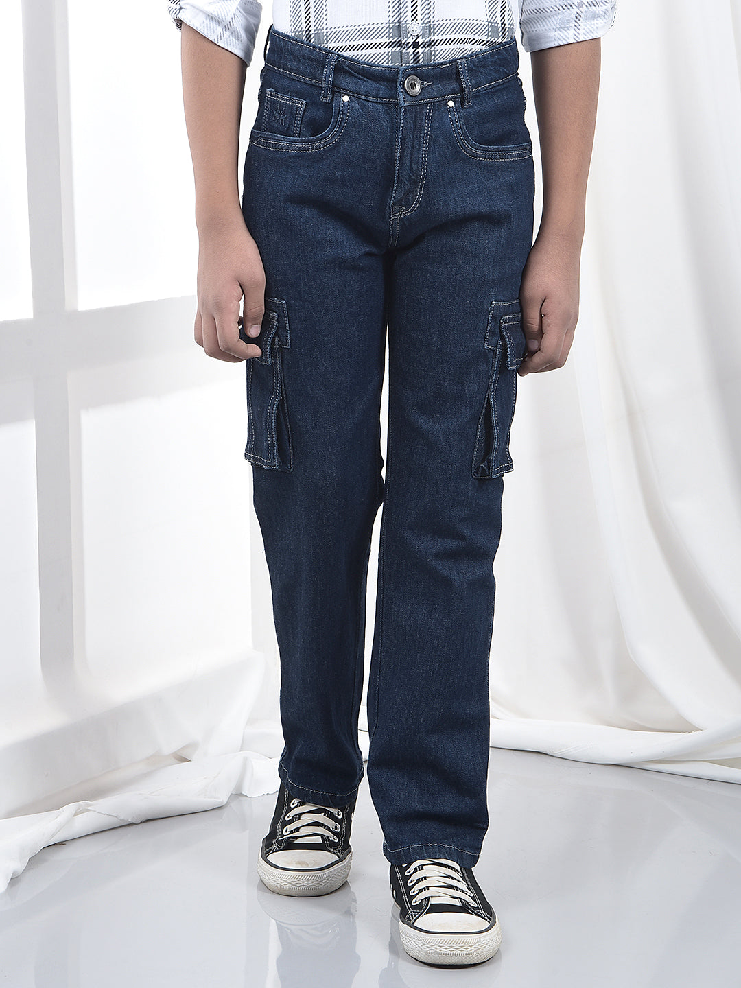 Blue 100% Cotton Straight Cargo Jeans