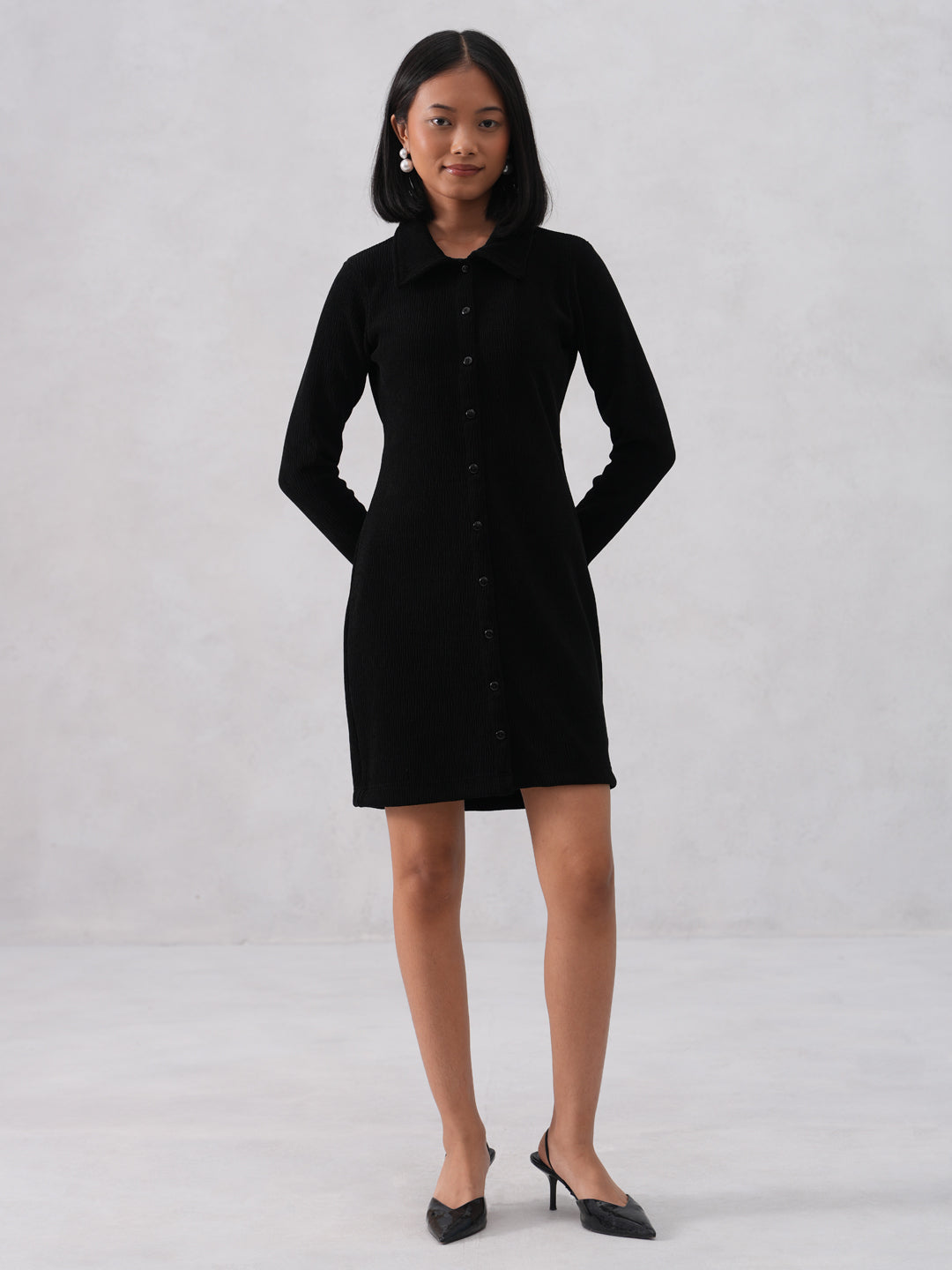 Black Textured Mini Shirt Dress