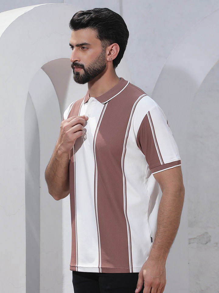 Purple Vertical Striped Polo Neck T-Shirt