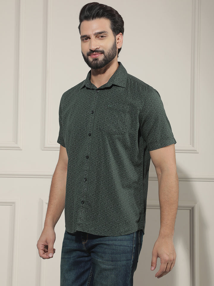 Green Floral Print Linen Shirt