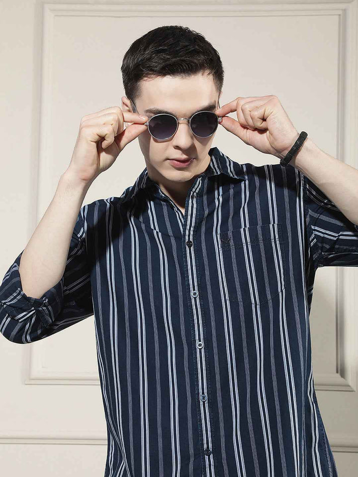 Navy Blue Vertical Stripes 100% Cotton Shirt