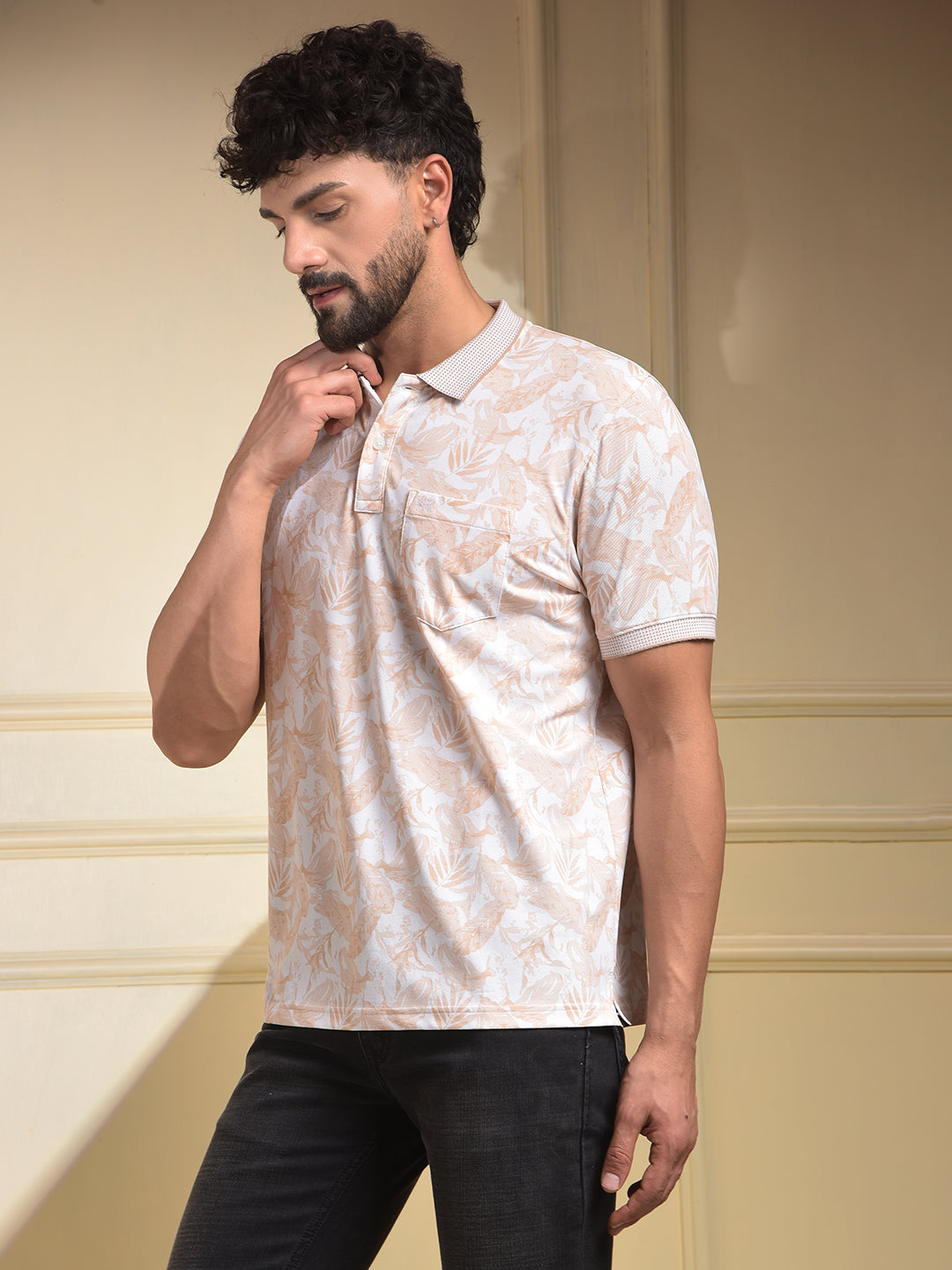 Peach Floral Print Polo-Neck T-Shirt
